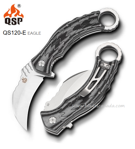 QSP Eagle Karambit Flipper Folding Knife, D2 Steel, G10 Black/Grey, QS120-E